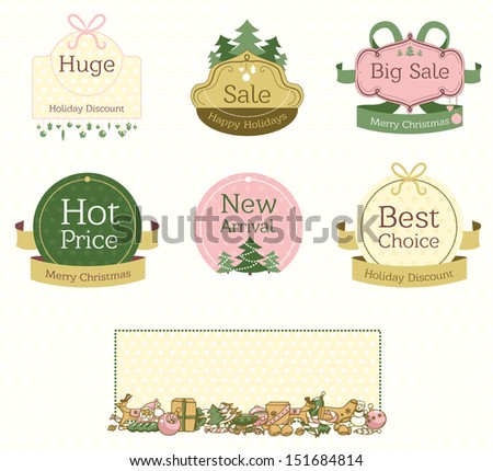 Set of vintage ornate product labels for Christmas and the New Year sell. Solid colors, no gradients.