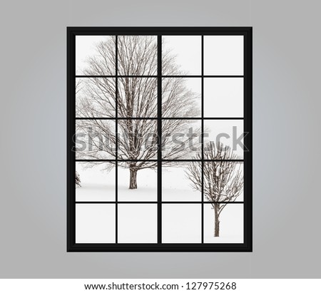 Modern residential window with snow covered winter view outside