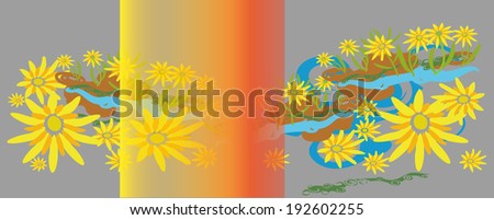Design element, in the form of a flower chamomile glade of yellow flowers and imitation grass and water. Vector drawing of a gray rectangle.
