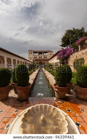 Generalife gardens of the Alhambra palace showing a water feature