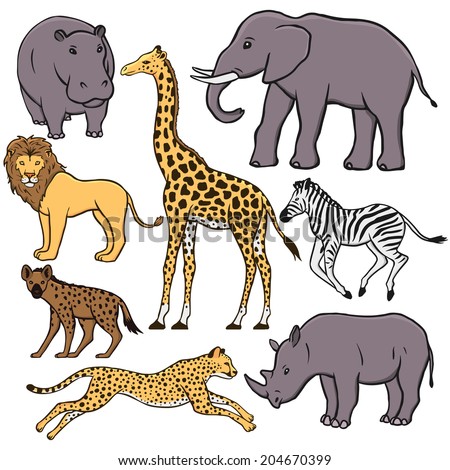 Set Of African Animals: Hippopotamus, Elephant, Lion, Giraffe, Zebra ...