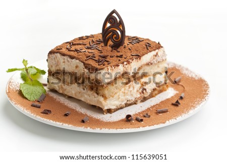 Slice of self-made italian tiramisu dessert served on a plate