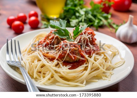 Plate of Spaghetti with Meatballs in Tomato Marinara Sauce