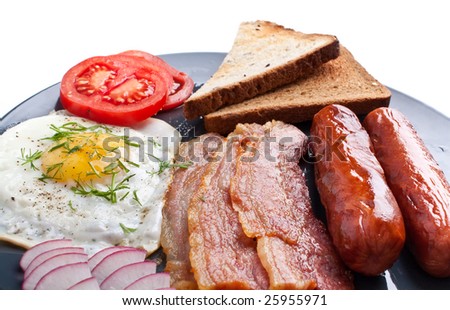 classic breakfast with fried egg, sausages, bacon and toast