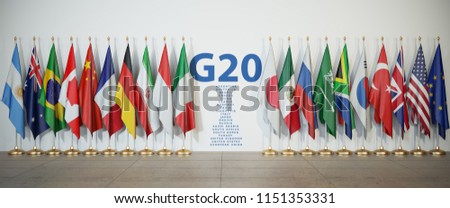 G20 summit or meeting concept. Row from flags of members of G20 Group of Twenty and list of countries, 3d illustration 商業照片 © 