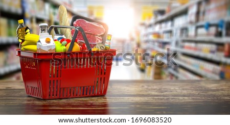 Shopping basket with fresh food. Grocery supermarket, food and eats online buying and delivery concept. 3d illustration