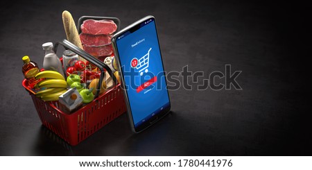 Shopping basket with fresh food and smartphone or mobile. Grocery supermarket, food and eats online buying and delivery concept. 3d illustration