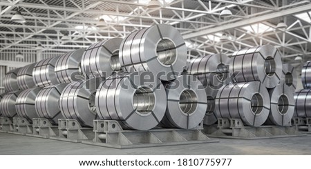 Rolls of metal sheet. Zinc, aluminium or steel sheet rolls on warehouse in factory. 3d illustration Stock fotó © 