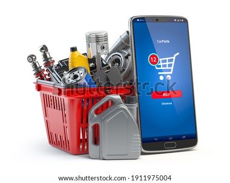 Car parts, spares and accesoires in shopping basket and smartphone isolated in white. Online purchasing and delivery of car spare concept. 3d illustration Foto stock © 