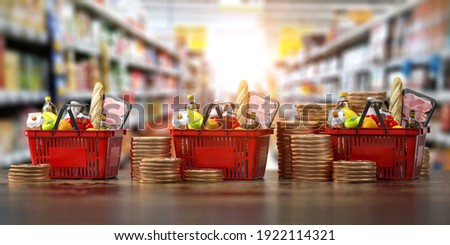 Growth of food sales or growth of market basket or consumer price index concept. Shopping basket with foods with coin stacks in grocery shop. 3d illustration