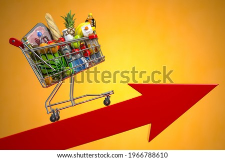 Inflation, growth of food sales, growth of market basket or consumer price index concept. Shopping basket with foods on arrow. 3d illustration