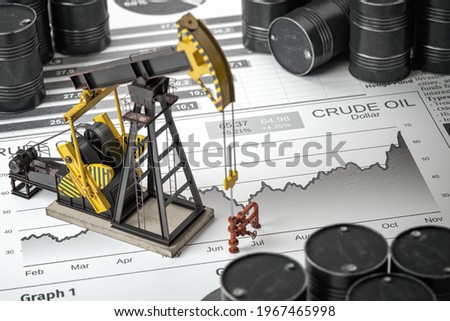 Oil pump jack and barrels on newpaper with growth of price of crude oil. Stock market of crude oil, investment and petroleum industry.  3d illustraton Stockfoto © 