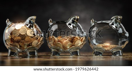 Glass piggy bank with decreasing piles of coins. Saving inflation, financial crisis and loosing money concept. 3d illustration