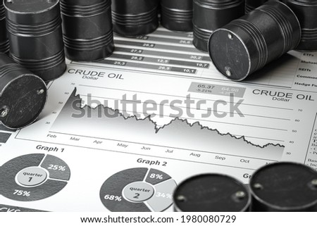 Oil pump jack and barrels on newpaper with gdecrease of price of crude oil. Crisis on stock market of crude oil, investment and petroleum industry. 3d illustration
