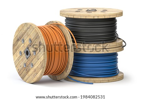 Wire electric cable of different colors on wooden coil or spool isolated on white background. 3d illustration Imagine de stoc © 