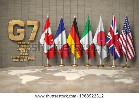 G7 summit or meeting concept. Row from flags of members of G7 group of seven and list of countries, 3d illustration Сток-фото © 