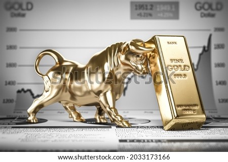 Golden ingot and bull on graph.  Bull market trend in gold. 3d illustration