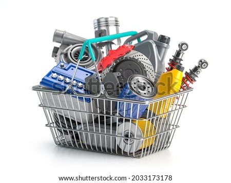 Car parts and auto spare in shopping basket isolated on white. 3d illustration Foto d'archivio © 