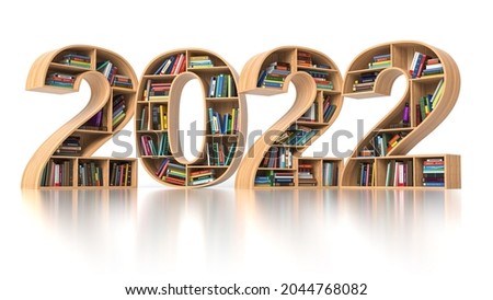 2022 new year education concept. Bookshelves with books in the form of text 2022. 3d illustration