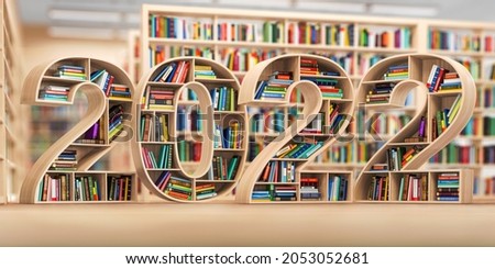 2022 new year education concept. Bookshelves with books in the form of text 2022 in library. 3d illustration