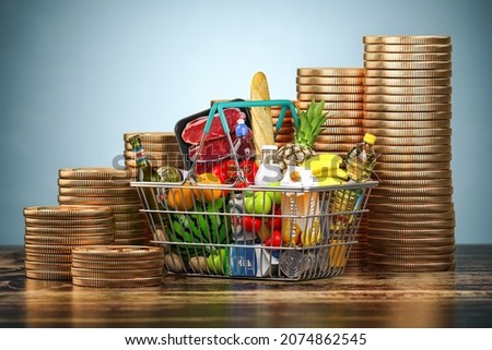 Inflation, growth of food sales or growth of market basket or consumer price index concept. Shopping basket with foods and coin stacks. 3d illustration