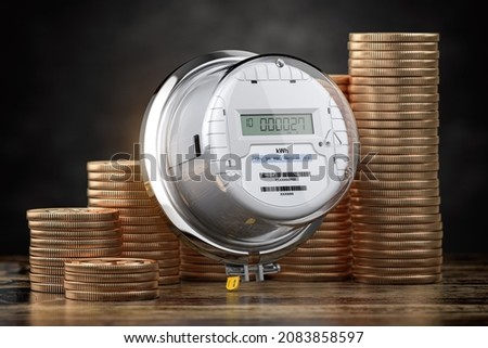 Electric meter and coin stacks. Growth of electricity consumption, price and energy costs concept. 3d illustration Сток-фото © 