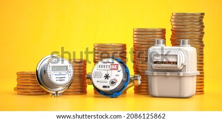 Utility service payment concept. Growth of costs of utility service. Gas, electric an water meter  with stack of coins. 3d illustration Foto d'archivio © 