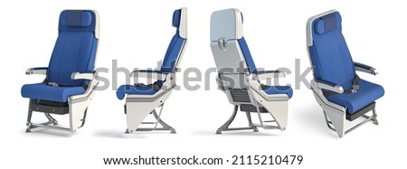 Airplane seat in different views. Aircraft interior armchair isolated on white background. 3d illustration Foto stock © 