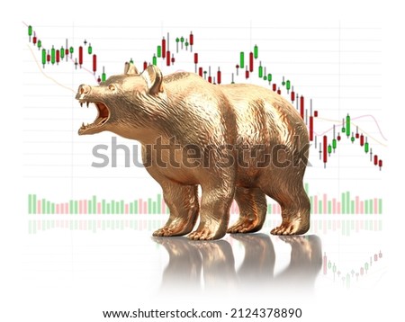 Golden bear on stock market data. Bearish market on financial stock exchange market. 3d illustration Foto stock © 