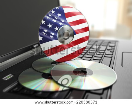 Software made in USA CD on laptop keyboard. Compact disks. 3d