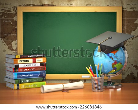 School education concept. Mortar board, blackboard, textbooks, globe and pencils. 3d
