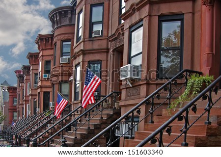 Brownstone Brooklyn/view of brownstone row houses in Sunset Park neighborhood of Brooklyn, New York.