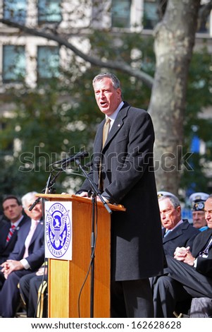 NEW YORK CITY - NOVEMBER 11 2013: Veterans\' Day was marked by a wreath laying at Madison Square Park followed by a parade on Fifth Avenue. Mayor-elect Bill De Blasio November 11 2013 in New York City