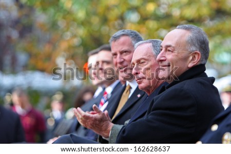 NEW YORK CITY - NOVEMBER 11 2013: Veterans\' Day was marked by a wreath laying at Madison Square Park followed by a parade along Fifth Avenue. Elected official listen November 11 2013 in New York City