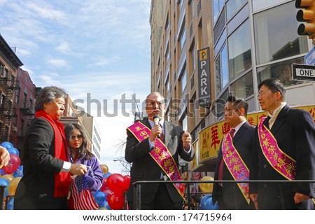 NEW YORK CITY - FEBRUARY 2 2014: Chinese Lunar New Year, the Year of the Horse, was celebrated by a parade in Manhattan\'s Chinatown. NYC Comptroller Scott Stringer riding along with dignitaries
