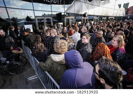NEW YORK CITY - MARCH 20 2014: HBO\'s Game of Thrones series provides Brooklyn residents with a premiere of season four at the Barclay\'s Center. Fans line up before entering the Barclay\'s auditorium