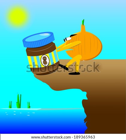 Food Fights/Onion vs. Peanut butter/Angry onion shoving frightened peanut butter jar over cliff into water where hungry crocodiles await