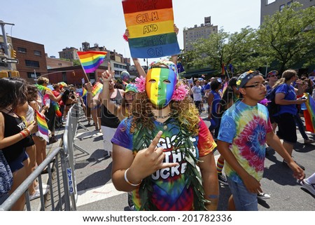 NEW YORK CITY - JUNE 29 2014: Heritage of Pride sponsored the nation\'s largest Gay Pride parade in Manhattan that stretched along Fifth Avenue to Christopher Street.