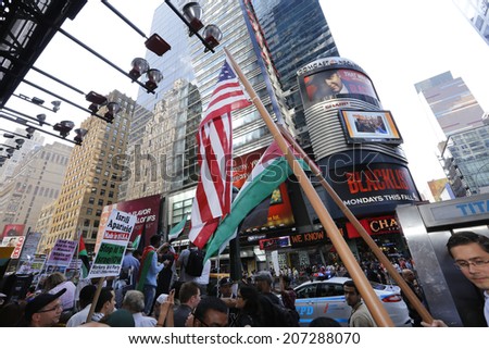 NEW YORK CITY - JULY 25 2014: Al Awda, an organization dedicated to the right of return for all Palestinians to Israel held a rally in Times Square on Al-Quds day, the last Friday of Ramadan