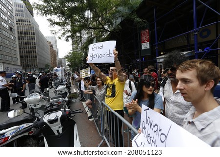 NEW YORK CITY - JULY 29 2014: Activist & author Norman Finkelstein organized a civil disobedience action in front of Israel's permanent UN Mission on 2nd Av, blocking traffic & leading to 24 arrests