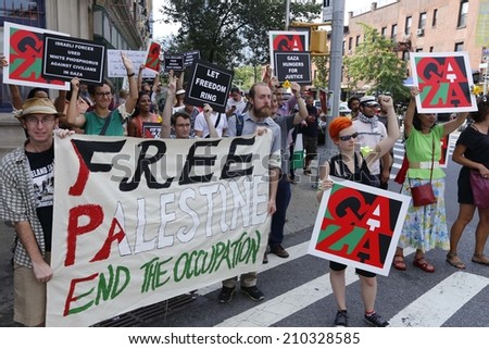 NEW YORK CITY - AUGUST 10 2014: Remembrance for Gaza was held with a rally in Barclays Center, Brooklyn, followed by a silent march into Fort Greene culminating at the Church of St. Luke & St. Matthew