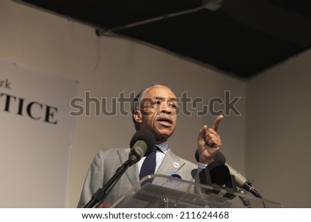 NEW YORK CITY - AUGUST 16 2014: Rev Al Sharpton\'s National Action Network held a rally to address the ongoing violence in Ferguson, Missouri attended by Congressman Hakeem Jeffries & the Garner family