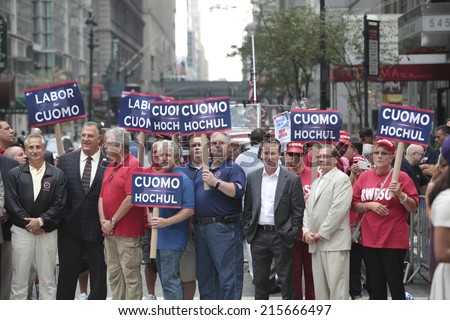 NEW YORK CITY - SEPTEMBER 6 2014: NYC's official Labor Day parade, held a week after Labor Day weekend, provided candidates the opportunity to reach out to union-friendly voters on Fifth Avenue