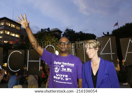 NEW YORK CITY - SEPTEMBER 8 2014: underdog Democratic gubernatorial candidate Zephyr Teachout appeared at Union Square Park to rally supporters along with her running mate, Timothy Wu, on primary-eve.