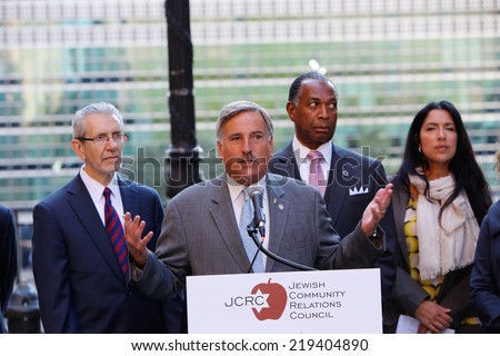 NEW YORK CITY - SEPTEMBER 23 2014: UJA & Jewish Community Relations Council held a press conference by the UN with activists & elected officials calling for sanctions against Iran\'s sponsoring terror