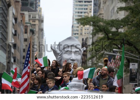 NEW YORK CITY - OCTOBER 13 2014: the 70th annual Columbus Day parade filled Fifth Avenue with thousands of marchers celebrating the pride of Italian heritage. Bust of Columbus