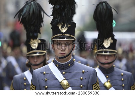 NEW YORK CITY - NOVEMBER 11 2014: the 95th annual Veteran's Day parade along Fifth Avenue is the largest Nov 11 celebration in the United States. West Point cadets at attention