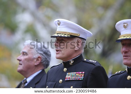 NEW YORK CITY - NOVEMBER 11 2014: the 95th annual Veteran\'s Day parade along Fifth Avenue is the largest Nov 11 celebration in the United States. US Marine Southern Commander, General John Kelly