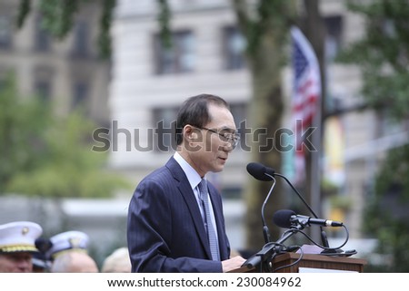 NEW YORK CITY - NOVEMBER 11 2014: the 95th annual Veteran\'s Day parade along Fifth Avenue is the largest Nov 11 celebration in the United States. Korean consul general Se-Joon Son