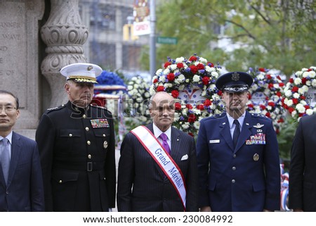 NEW YORK CITY - NOVEMBER 11 2014: the 95th annual Veteran\'s Day parade along Fifth Avenue is the largest Nov 11 celebration in the United States. Former NYPD Commissioner & grand marshal Ray Kelly
